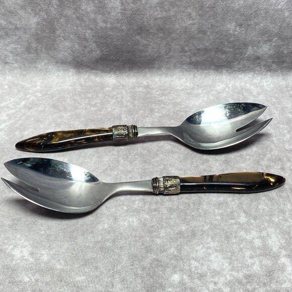 Vintage Stainless Steel Salad Servers With Faux Tortoiseshell Handles 10" - Picture 2 of 9